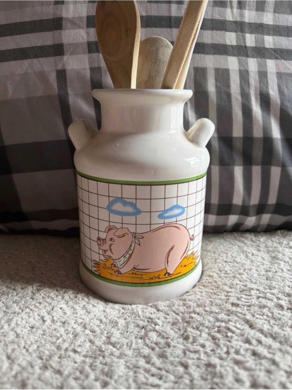White Ceramic Pig Kitchen Utensil Crock with Pink Pig Illustration